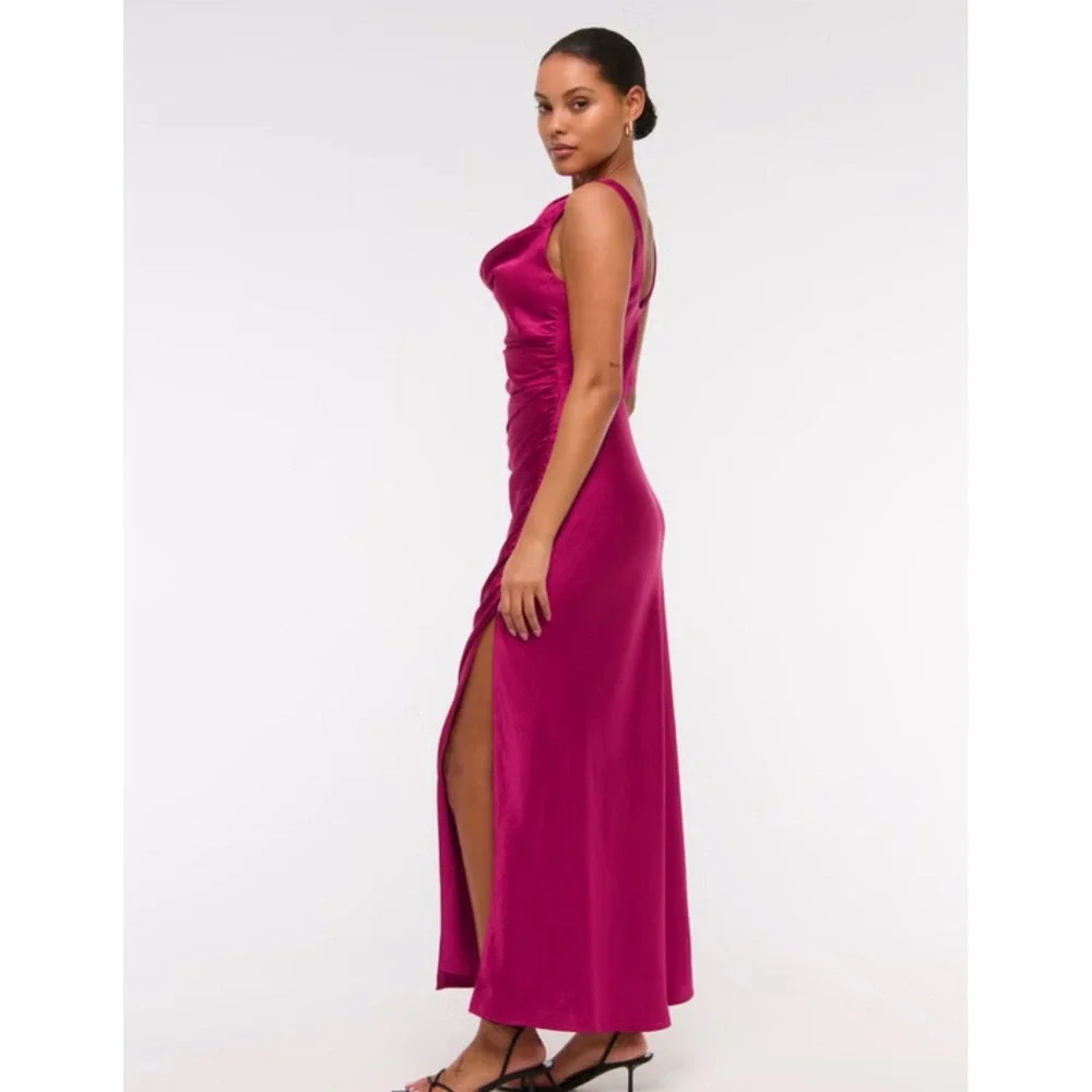 Abercrombie & fitch Satin Cowl Neck Ruched Maxi Dress Magenta Pink Formal XL new